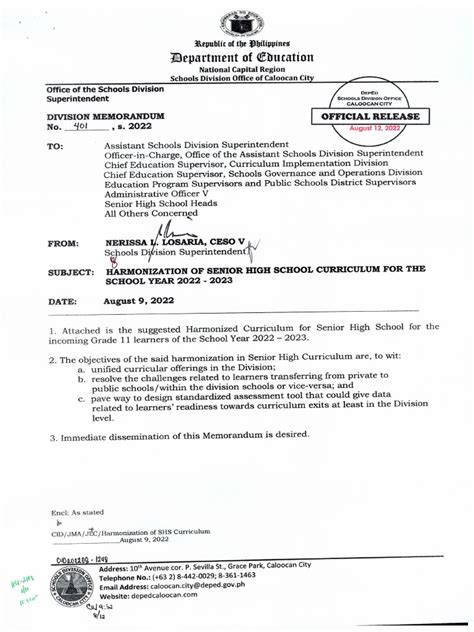 DM No. 401, s. 2022 – Harmonization of Senior High School .